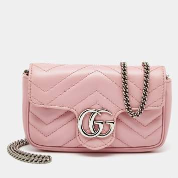 Pre Owned Gucci Pink Matelassé Leather Super Mini GG Marmont Shoulder Bag