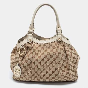 Pre Owned Gucci Beige GG Canvas And Leather Sukey Satchel 