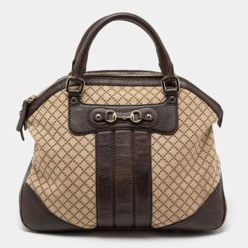 Pre Owned Gucci Beige/Brown Diamante Canvas And Leather Large Horsebit Catherine Satchel