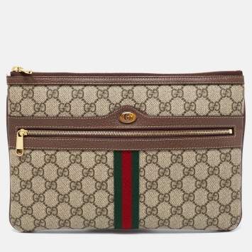 Pre Owned Gucci Beige/Brown GG Supreme Canvas And Leather Ophidia Pouch