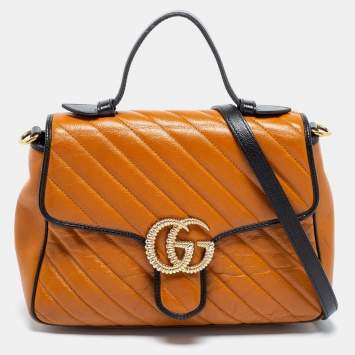 Pre Owned Gucci Tan/Black Diagonal Quilted Leather GG Marmont Torchon Top Handle Bag