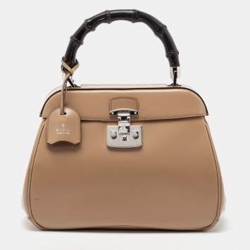 Pre Owned Gucci Beige Leather Lady Lock Bamboo Top Handle Bag