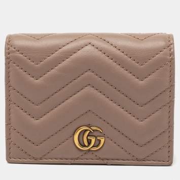 Pre Owned Gucci Dusty Pink Matelassé Leather GG Marmont Card Case