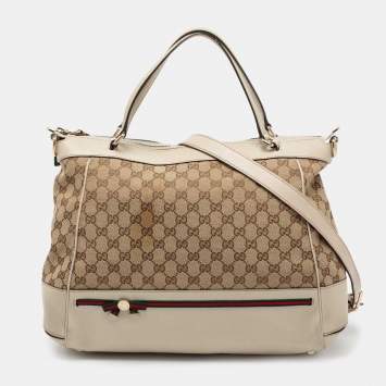 Pre Owned Gucci Beige/Off White GG Canvas and Leather Large Mayfair Bow Satchel