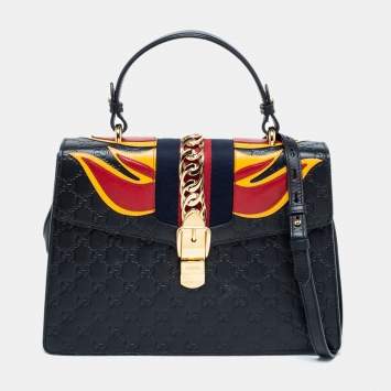 Pre Owned Gucci Black/Red Flame Leather Medium Sylvie  Top Handle Bag 