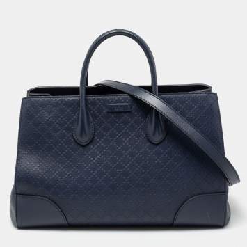 Pre Owned Gucci Navy Blue Diamante Leather Top Zip Shopper Tote