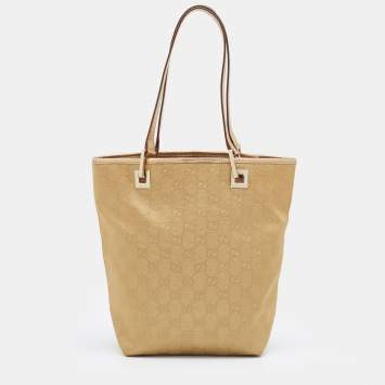 Pre Owned Gucci Gold GG Canvas and Leather Tote