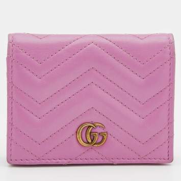 Pre Owned Gucci Pink Matelassé Leather GG Marmont Card Case