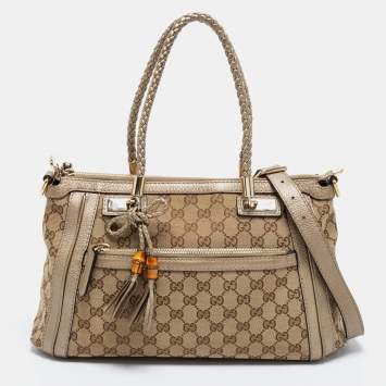 Pre Owned Gucci Beige/Gold GG Canvas and Leather Small Bella Tote