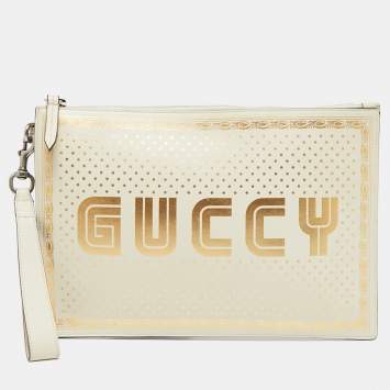 Pre Owned Gucci Off White/Gold Leather 'Guccy' Zip Wristlet Clutch