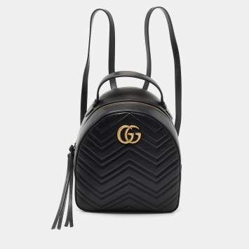 Pre Owned Gucci Black Matelassé Leather GG Marmont Backpack