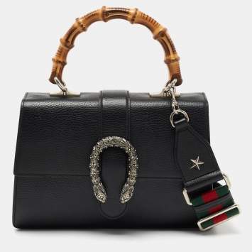 Pre Owned Gucci Black Leather Dionysus Bamboo Top Handle Bag
