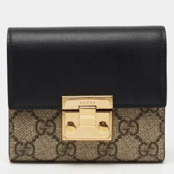 Pre Owned Gucci Beige/Black GG Supreme Canvas and Leather Padlock Wallet
