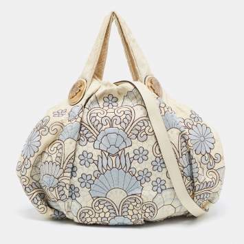 Pre Owned Gucci Cream Floral Embroidered Python And Leather Large Hysteria Hobo