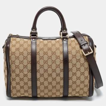Pre Owned Gucci Dark Brown/Beige GG Supreme Canvas and Leather Medium Joy Boston Bag`