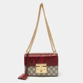 Pre Owned Gucci Beige/Red GG Supreme Canvas And Python Small Padlock Shoulder Bag