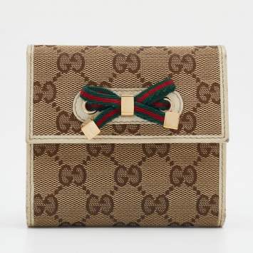 Pre Owned Gucci Beige/Off White GG Canvas And Leather Princy Compact Trifold Wallet