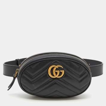 Pre Owned Gucci Black Matelassé Leather GG Marmont Belt Bag