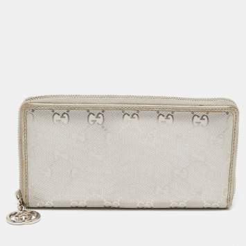 Pre Owned Gucci Metallic Silver GG Imprime Canvas Zip Around Wallet