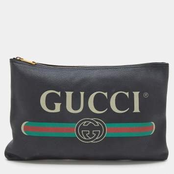 Pre Owned Gucci Black Leather Logo Print Zip Pouch