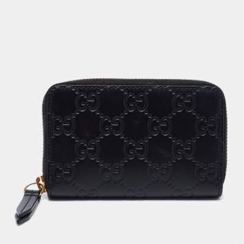 Pre Owned Gucci Black Guccissima Leather Zip Around Card Case