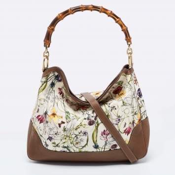 Pre Owned Gucci White Floral Canvas and Leather Peggy Bamboo Handle Hobo 