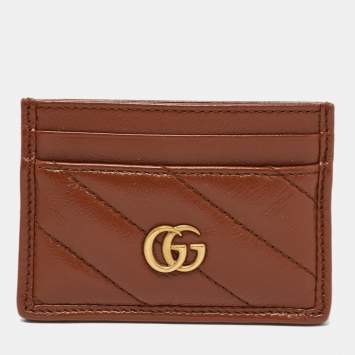 Pre Owned Gucci Brown Matelasse Leather GG Marmont Card Holder
