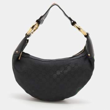 Pre Owned Gucci Black GG Canvas and Web Bamboo Ring Hobo