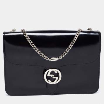 Pre Owned Gucci Black Leather Medium Interlocking G Shoulder Bag