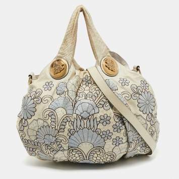 Pre Owned Gucci Cream Floral Embroidered Python Large Hysteria Hobo