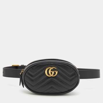 Pre Owned Gucci Black Matelassé Leather GG Marmont Belt Bag
