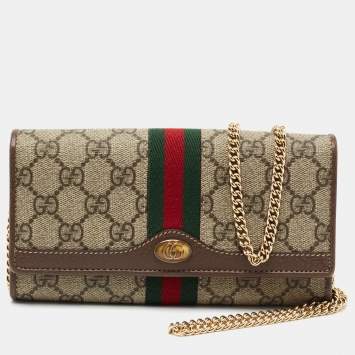 Pre Owned Gucci Beige/Brown GG Supreme Canvas and Leather Ophidia Web Wallet on Chain