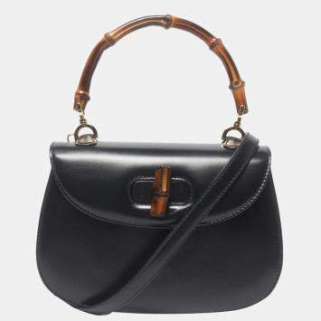 Pre Owned Gucci Black Leather Bamboo Top Handle Bag 