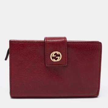 Pre Owned Gucci Burgundy Leather Interlocking G French Compact Wallet