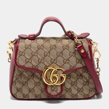 Pre Owned Gucci Beige/Red GG Canvas and Leather Mini GG Marmont Top Handle Bag