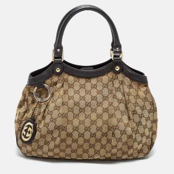 Pre Owned Gucci Beige GG Canvas and Leather Medium Sukey Tote