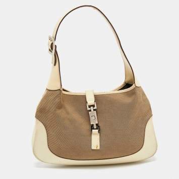 Pre Owned Gucci Beige/Off White Canvas and Leather Small Jackie Hobo