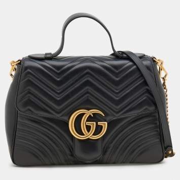 Pre Owned Gucci Black Leather Medium GG Marmont Top Handle Bag