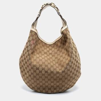 Pre Owned Gucci Beige/Off White GG Canvas and Leather Horsebit Catena Hobo 