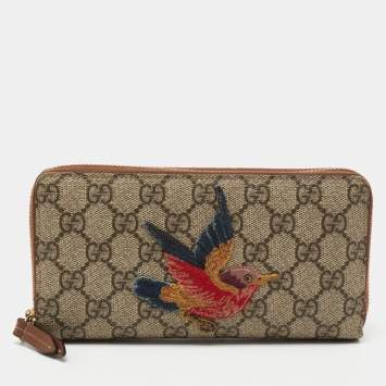 Pre Owned Gucci Beige GG Supreme Canvas Bird Embroidered Zip Around Wallet
