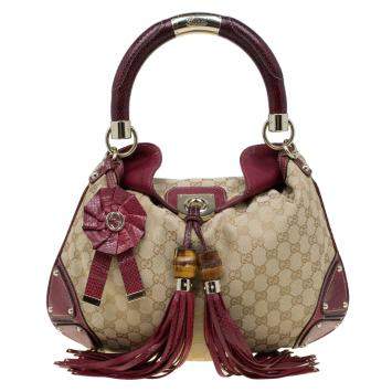 Pre Owned Gucci Beige/Red GG Canvas and Python Medium Indy Top Handle Bag