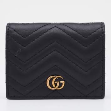 Pre Owned Gucci Black Matelassé Leather GG Marmont Card Case