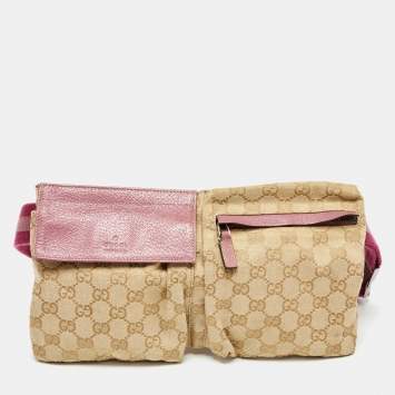 Pre Owned Gucci Beige/Pink GG Canvas and Leather Double Pocket Belt Bag