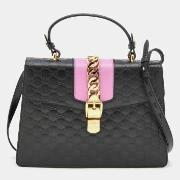 Pre Owned Gucci Black/Pink Guccissima Leather Medium Sylvie Top Handle Bag