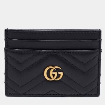 Pre Owned Gucci Black Matelassé Leather GG Marmont Card Holder