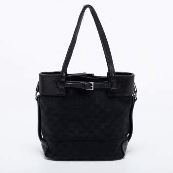 مملوكة مسبقًا Gucci Black GG Canvas and Leather Belt Tote