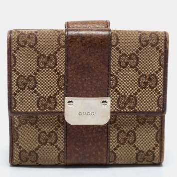 Pre Owned Gucci Brown/Beige GG Canvas and Leather Flap French Wallet