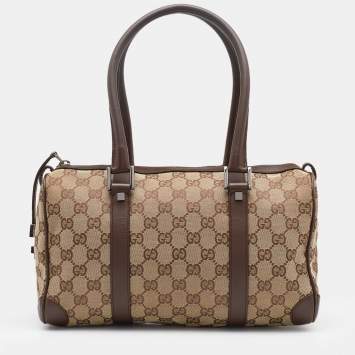 Pre Owned Gucci Beige/Brown GG Canvas and Leather Boston Bag