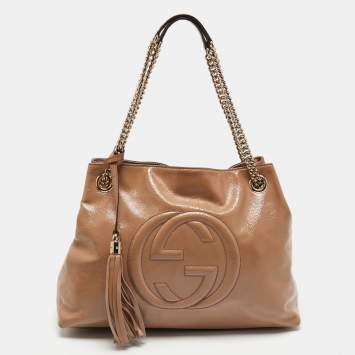 Pre Owned Gucci  Beige Patent Leather Medium Soho Chain Tote