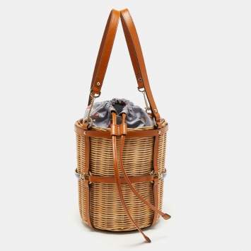 Pre Owned Gucci Brown Woven Rattan and Leather Cestino Wicker Bag